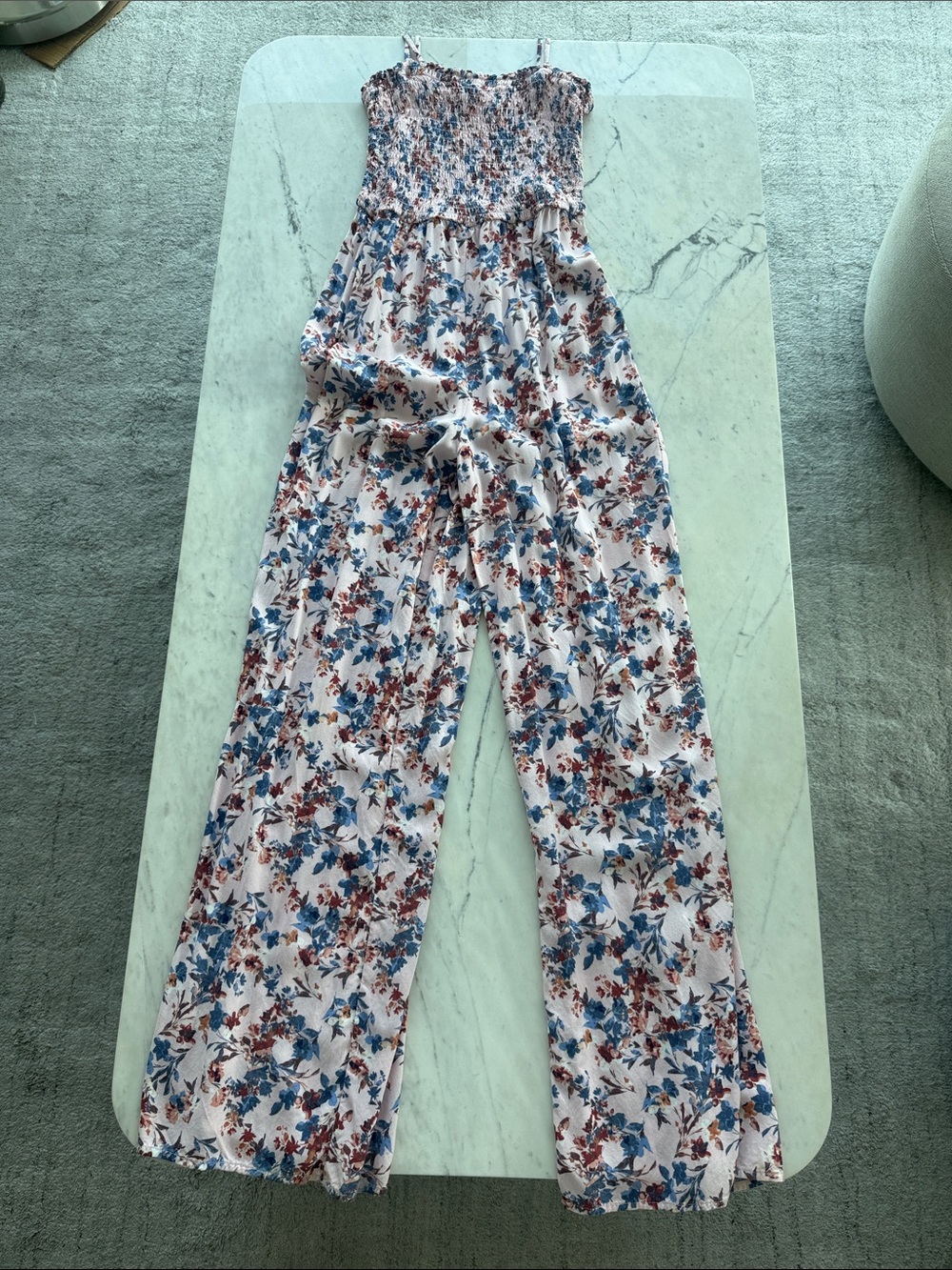 1. State Floral Smocked Wide-Leg Jumpsuit in Blue and Rust